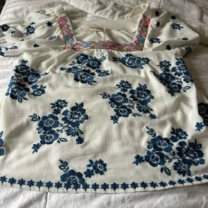 Savannah Jane Embroidered Square-Neck White Top with Blue Floral Print -